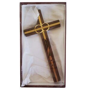 Wedding Marriage Cross Wood Wall Hanging Gold Inlay & Rings Religious 7.75"